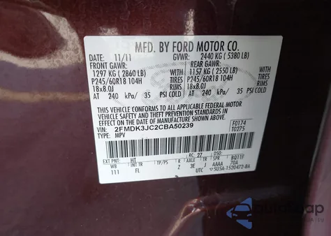 2012 Ford Edge Sel z USA, uszkodzony, nr VIN 2FMDK3JC2CBA50239